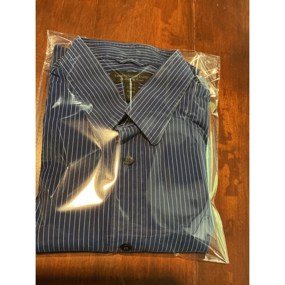 Express Design Studio Mens XL Blue White Pinstripe 80s Two-Ply Cotton Shirt